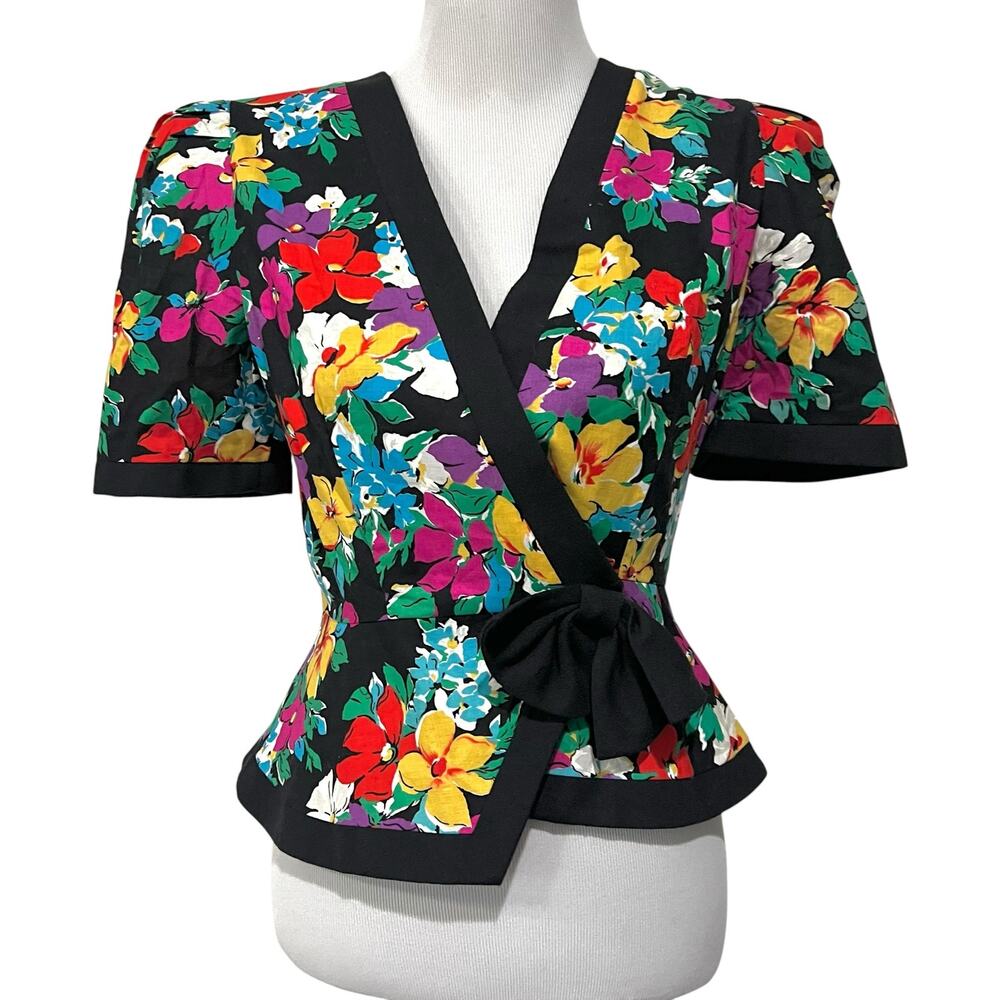 Vintage 80s 90s Peplum Top Jacket Floral Colorful Cotton Blouse V-Neck Sz 6